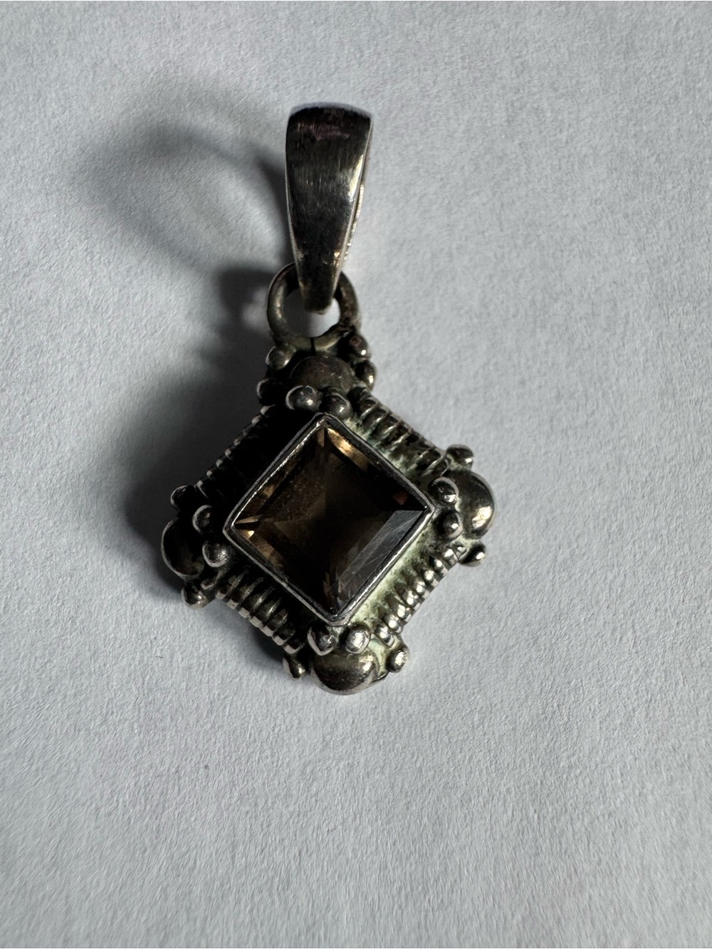 Vintage AF 925  stamped Ornate Smoky Quartz Balinese-Style Pendant